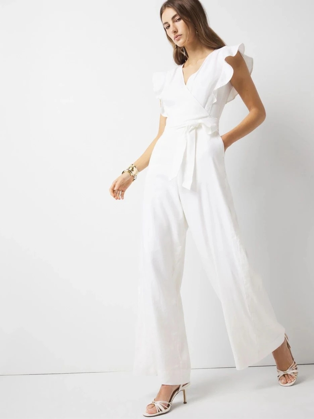 White House Black Market White Ruffle-Sleeve Wrap Wide-Leg Jumpsuit